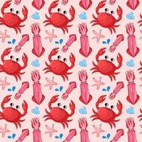 Vector seamless pattern underwater. Repeat the background with crabs, starfish, squid. Funny illustration in pink with cute sea animals