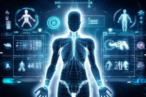 Advanced robotic technology and medical interface icons are displayed on a virtual screen, with a doctor using a stethoscope in the background. This represents future of healthcare photo