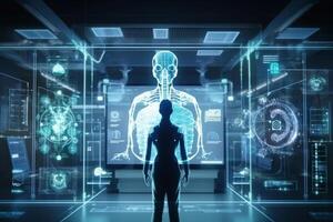 Healthcare and medicine, Virus, Doctor and robotics research diagnose virtual Human Lungs with virus spread inside photo