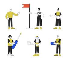 People performing tasks linear flat color vector characters set. Editable figures. Full body women, men on white. Thin line cartoon style spot illustrations pack for web graphic design and animation