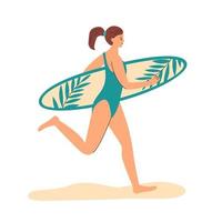 Female pretty surfer runs along beach with surf board. Girl at sea resort on seasible sport vocation. vector