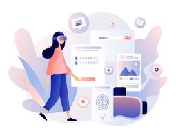 Virtual reality concept. Tiny girl using virtual reality glasses. VR cyberspace. Modern flat cartoon style. Vector illustration on white background