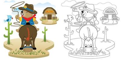 Vector cartoon illustration, coloring book of bear in cowboy costume with lasso riding horse, bird perch on cactus, wild west element cartoon