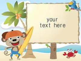 cartoon monkey holding surfboard with bird and crab, text template board in the beach vector