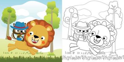 Vector illustration, coloring book of squirrel in cowboy costume riding lion on nature background