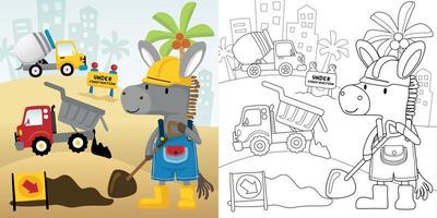 Vector cartoon illustration, coloring book of construction vehicle with donkey in worker costume, construction elements cartoon