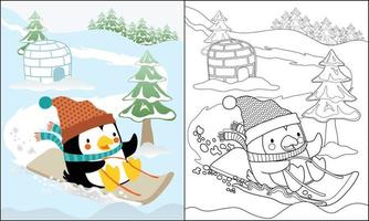 coloring book of penguin cartoon in winter coat on sled in snow land vector
