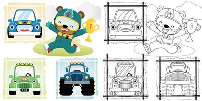 Vector cartoon illustration, coloring book of bear in racer costume holding trophy with racing cars