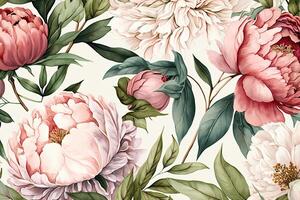 Seamless floral pattern with peonies, pastel watercolor. Illustration. photo