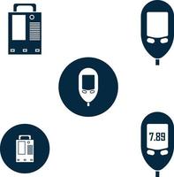 sangre glucosa metro pruebas icono, infusión bomba icono, ecg icono,electrónica glucosa metro icono conjunto .banda para diabetes . electrocardiografia supervisión icono, ecg monitor, ángulo, vector