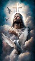 illustration of Jesus praying surrounded by doves on a cloud, photo