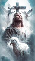 illustration of Jesus praying surrounded by doves on a cloud, photo