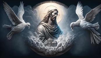illustration of Jesus praying surrounded by doves on a cloud, generative ai photo