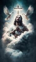 illustration of Jesus praying surrounded by doves on a cloud, generative ai photo