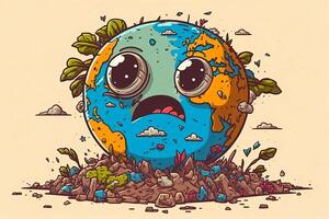 The concept of World Environment Day. . Cartoon illustration of a sad globe .Air pollution caused by deforestation. World Earth Day. photo