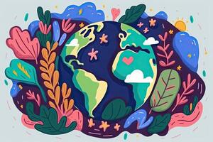 A bright cartoon postcard for Earth Day. .Illustrated earth in the shape of a ball. photo