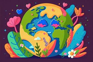 A bright cartoon postcard for Earth Day. .An illustrated earth with a smile in the shape of a ball. photo