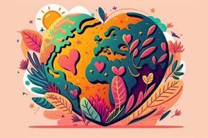 A bright cartoon postcard for Earth Day. .Illustrated earth in the shape of a heart. photo