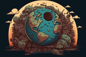 The concept of World Environment Day. . illustration of the globe in the style of a comic book. World Earth Day. Pollution of the planet, wars, warming. photo