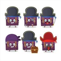 dibujos animados personaje de púrpura maleta con varios piratas emoticones vector