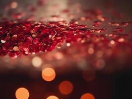 Red glitter vintage lights background. defocused photo