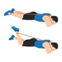 Man doing prone or lying resistance band knee bends exercise. vector