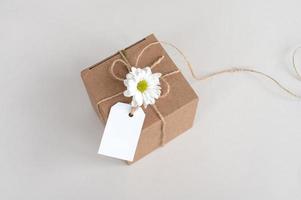 Kraft box with blank label, price tag, tag mockup, white cardboard label with rope cord, isolated photo