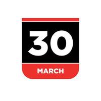 30th March Calendar vector icon. 30 March typography.