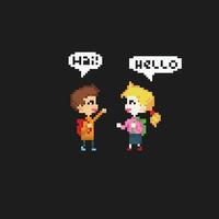 boy and girl greeting in pixel art style vector