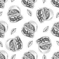 Vector vintage fast food seamless pattern. Hand drawn monochrome junk food illustration with burger and greenery. Great for menu, poster or restaurant background.