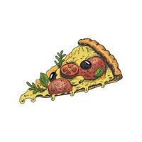 Hand-drawn colored  sketch style pizza slice. Pizza with mozzarella, tomato sauce, sausage, arugula leaves, olives, tomatoes, melted cheese. Fast food vintage illustration. vector