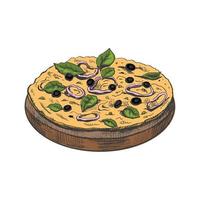 Hand-drawn colored  sketch style vegetarian pizza on a wooden plate  isolated on white background. Fast food vintage illustration. Great for menu, poster or restaurant background. vector