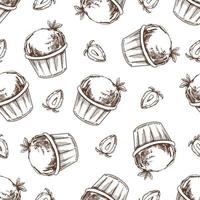 Vector vintage ice cream seamless pattern. Hand drawn monochrome  illustration of  ice cream, cupcake with mint in a cup and strawberries. Great for menu, poster or restaurant background.