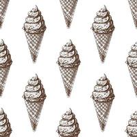 Vector vintage ice cream seamless pattern. Hand drawn monochrome  illustration of  waffle cones with frozen yogurt or soft ice cream. Great for menu, poster or restaurant background.