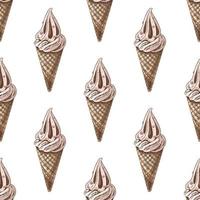 Vector vintage ice cream seamless pattern. Hand drawn colored  illustration of  waffle cones with frozen yogurt or soft ice cream. Great for menu, poster or restaurant background.