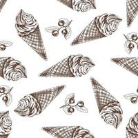 Vector vintage ice cream seamless pattern. Hand drawn monochrome  illustration of  waffle cones with frozen yogurt or soft ice cream and blueberry. Great for menu, poster or restaurant background.