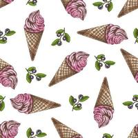 Vector vintage ice cream seamless pattern. Hand drawn colored  illustration of  waffle cones with frozen yogurt or soft ice cream and blueberry. Great for menu, poster or restaurant background.