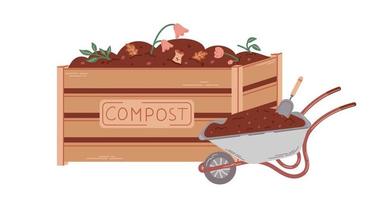 Hand drawn illustration of compost box with wheelbarrow. Collection of bio waste for recycling. vector