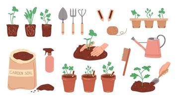 Set of objects for growing plants. Flat illustration of seedlings in pots, soil for planting. Planting a garden by human hands, home gardener. vector