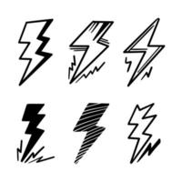 conjunto de ilustraciones de esbozo de símbolo de relámpago eléctrico de garabato vectorial dibujado a mano. trueno, ilustración vectorial vector