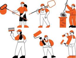 Vector set of workers in uniform and overalls doing housework housekeeping concept