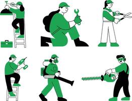 Set of men and women in uniform with tools. Vector illustration.