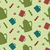 Seamless pattern with multicolored camping mugs, teapot and plants. Camping equipment for adventures. Vector illustration in a flat style.