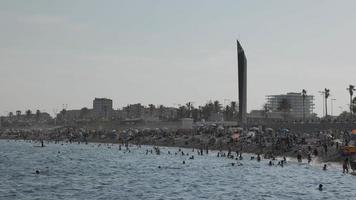 Crowds of people on the beaches of barcelona in summer video