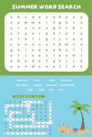 Summer Word Search worksheet. Educational worksheet for preschool. Vector illustration file.