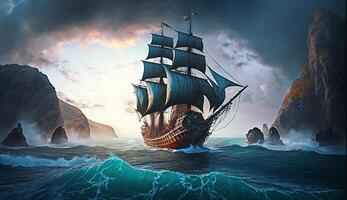 illustration of a classic pirate ship sailing the ocean in the late afternoon, photo