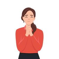 Smiling young woman with hands in prayer ask for forgiveness or beg. Happy girl feel hopeful and joyful praying. Faith and belief vector