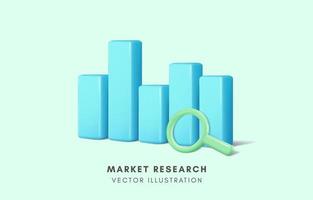 3D bar graph and magnifying glass, market research, business data analysis concept, Vector illustration.