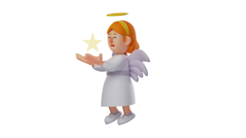 3d ilustración. increíble ángel 3d dibujos animados personaje. el encantador ángel Visto el brillante estrella ella estaba que lleva. hermosa ángel sensación contento con su vida. 3d dibujos animados personaje png