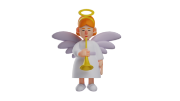 3d ilustración. linda ángel 3d dibujos animados personaje. adorable ángel en pie soplo trompeta. pequeño ángel aleteo su hermosa blanco alas. 3d dibujos animados personaje png